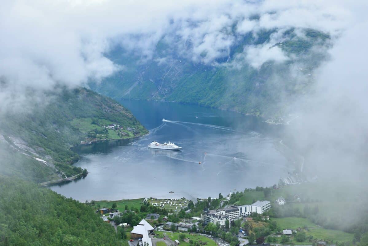 view of geirangerfjord from flydalsjuvet