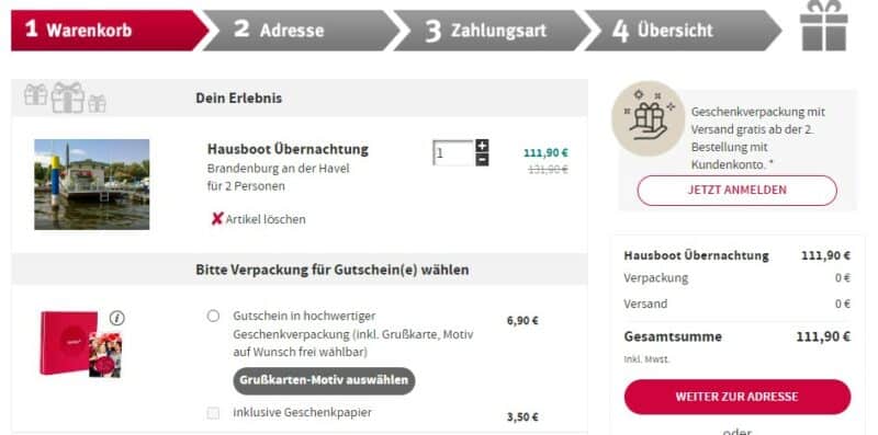 Angebot für einen Gutschein für ein Hausboot in Deutschland