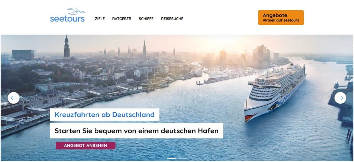 Screenshot der Startseite von Seetours.de