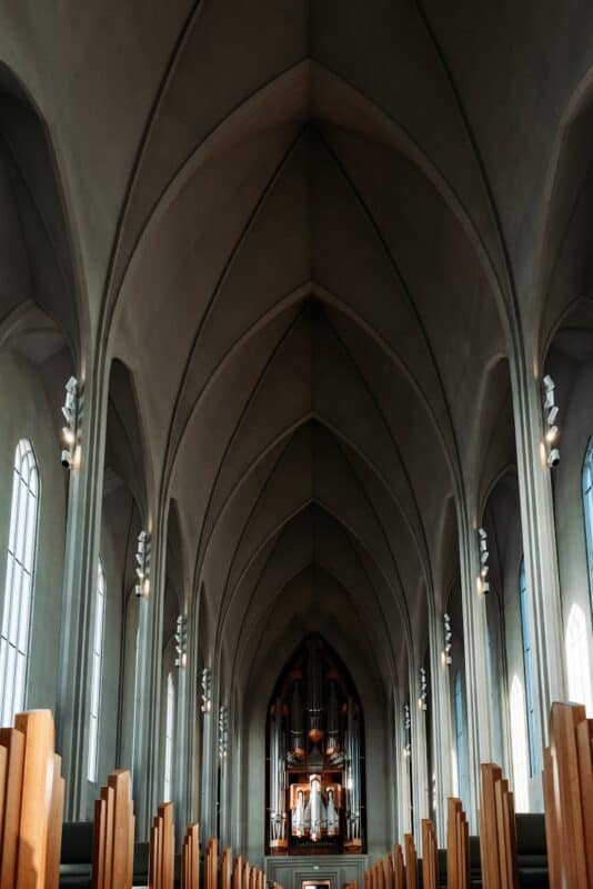interior of the hallgrimskirkja church in in reykjavik iceland