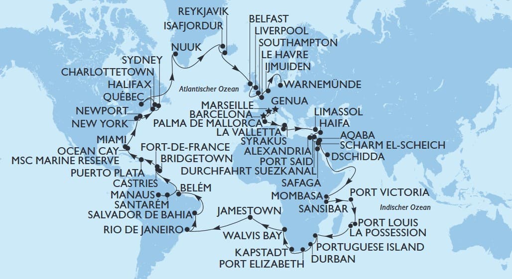 MSC Poesia Weltreise Kreuzfahrt 2024 121 Tage ab €11.999