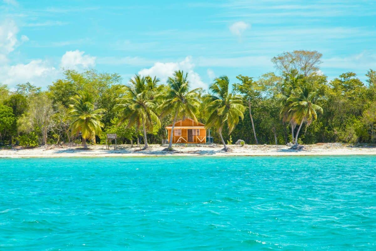 photo of wooden cabin on beach near coconut trees