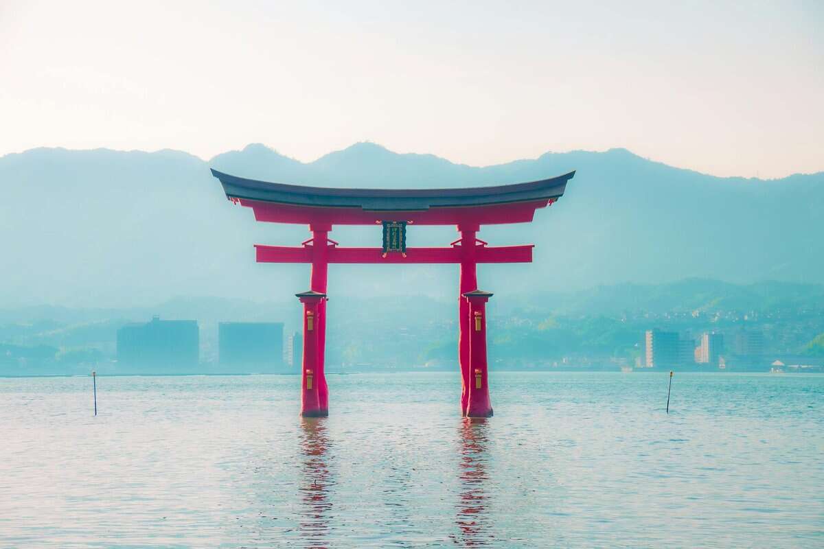 floating torii of itsukushima shrine in hatsukaichi japan